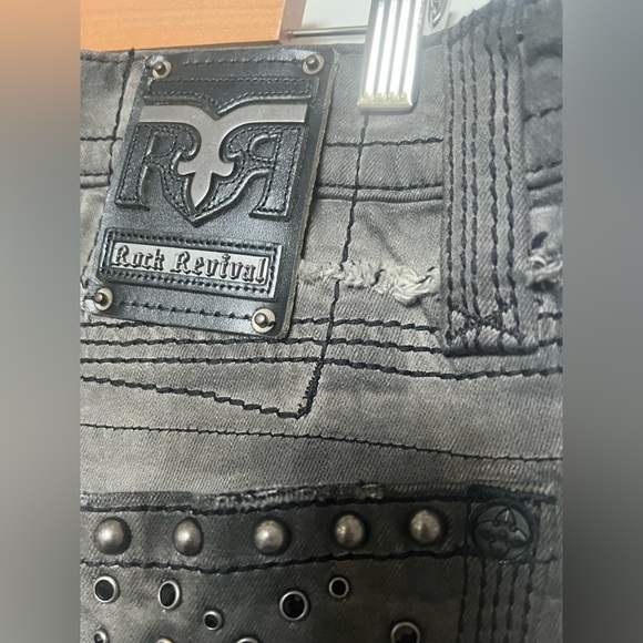 Rock Revival Armory Biker Faded Gray Distressed
Embellished Jeans - Picture 9 of 17